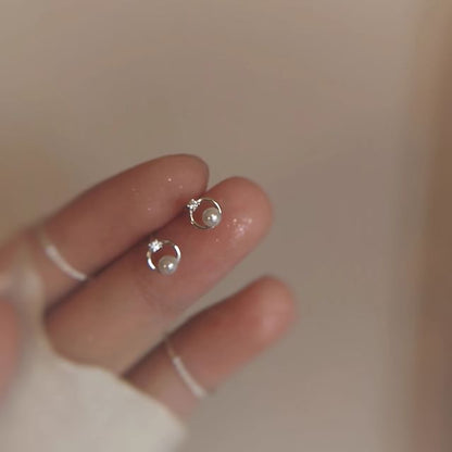 Stud Faux Pearl Earring Rhinestone Alloy