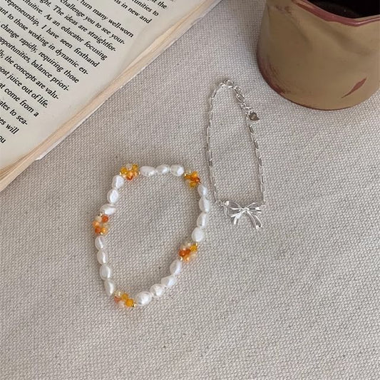 Natural Pearl / Bracelet Sterling Beaded 925 Bow Silver