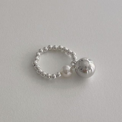 Ring Beaded Faux Sterling Elastic Silver 925 Pearl