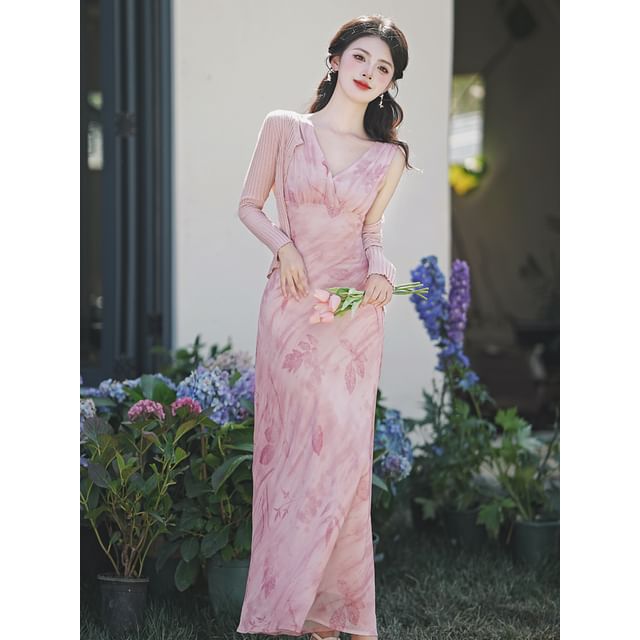 Sleeveless V-Neck Floral Maxi A-Line Sundress / Cardigan / Set