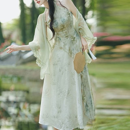 Halter Print Ruffle Trim Midi A-Line Qipao / Ruffle Trim Open Front Light Jacket / Set