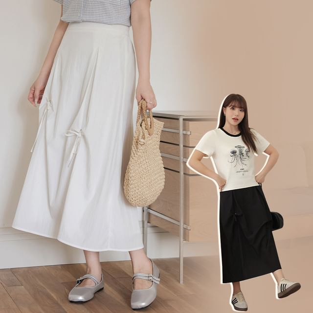 Plus Size High Rise Plain Bow Maxi A-Line Skirt