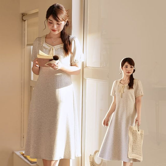 Plus Size Short-Sleeve Square Neck Plain Lace Trim Midi A-Line Dress