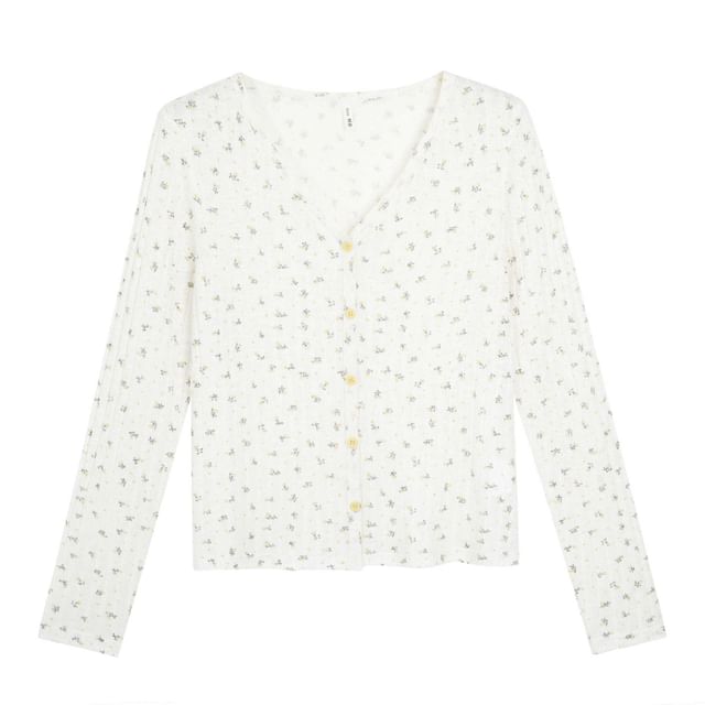 Plus Size V-Neck Floral Ribbed Cardigan