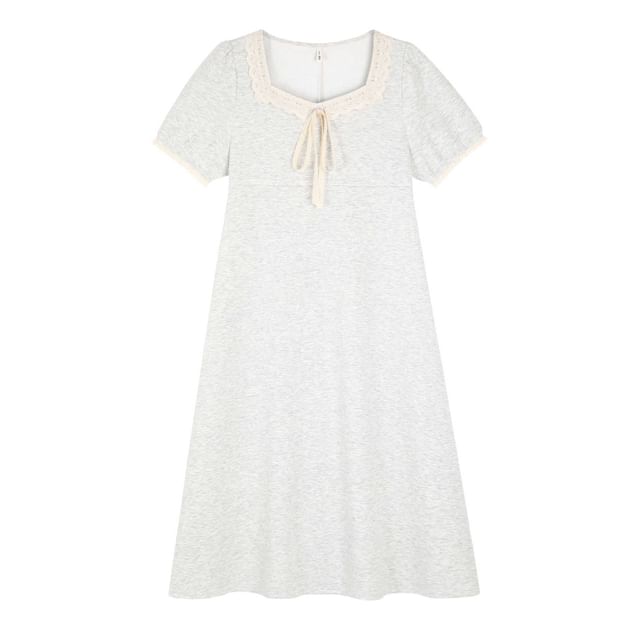 Plus Size Short-Sleeve Square Neck Plain Lace Trim Midi A-Line Dress