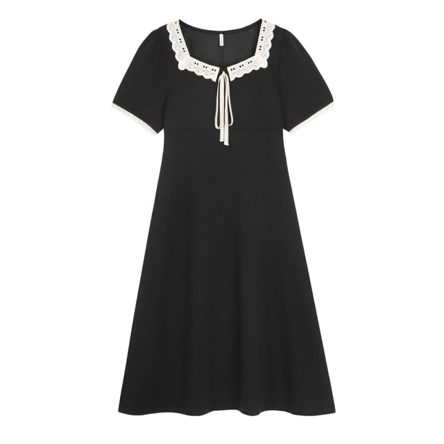 Plus Size Short-Sleeve Square Neck Plain Lace Trim Midi A-Line Dress