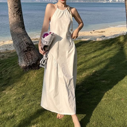 Spaghetti Strap Halter Neck Backless Crisscross Plain Maxi A-Line Dress