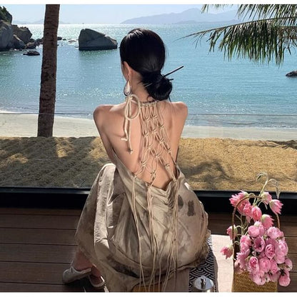 Spaghetti Strap Halter Neck Backless Crisscross Plain Maxi A-Line Dress