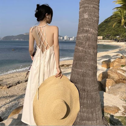 Spaghetti Strap Halter Neck Backless Crisscross Plain Maxi A-Line Dress