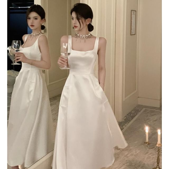 Sleeveless Square Neck Plain Midi Party Dress