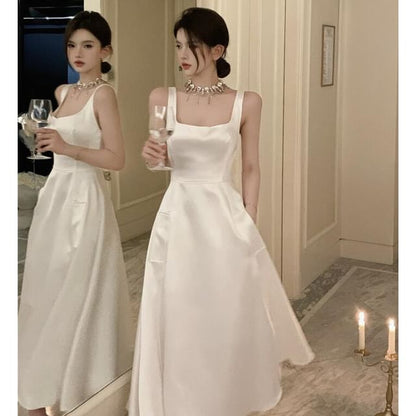 Sleeveless Square Neck Plain Midi Party Dress