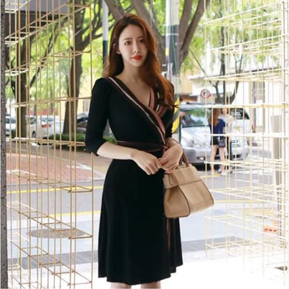 Short-Sleeve V-Neck Patterned Wrap Midi A-Line Dress