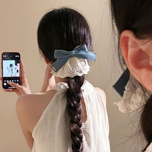 Denim Ruffle Panel Hair Bow Clip