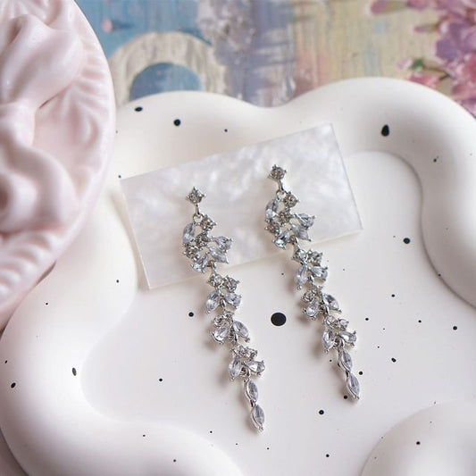Rhinestone Leaf Drop Earring Clip-On /