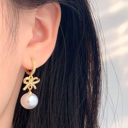 Rhinestone Pearl Faux Drop Huggie Earring Bow