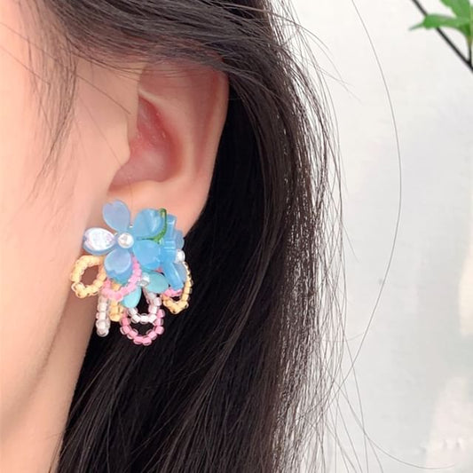 Earring Clip-On / Flower Beaded Faux Ear Stud Pearl