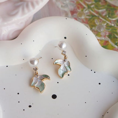 Drop Flower Rhinestone Pearl Faux Earring Clip-On /