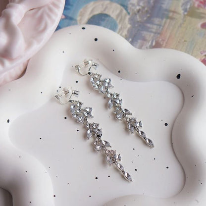 Rhinestone Leaf Drop Earring Clip-On /