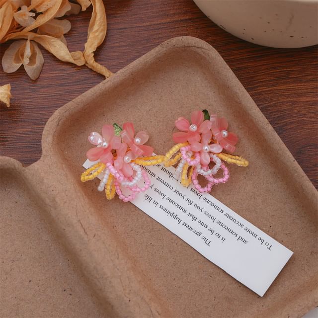 Earring Clip-On / Flower Beaded Faux Ear Stud Pearl