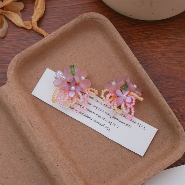 Earring Clip-On / Flower Beaded Faux Ear Stud Pearl