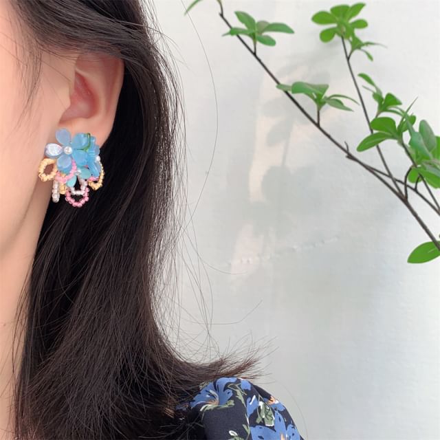 Earring Clip-On / Flower Beaded Faux Ear Stud Pearl