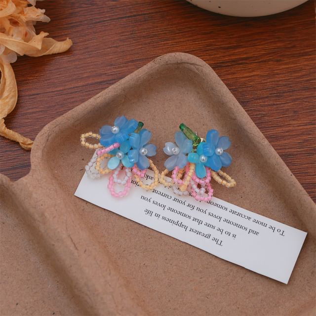 Earring Clip-On / Flower Beaded Faux Ear Stud Pearl