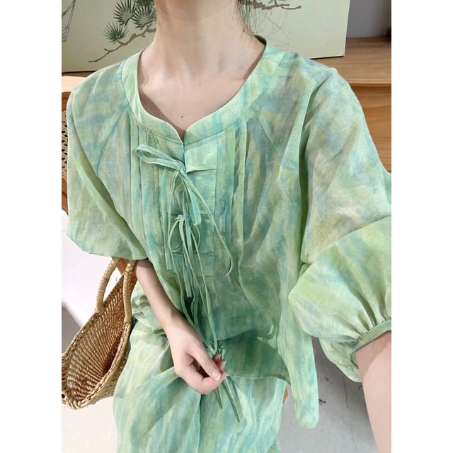 3/4 Sleeve Notch Neck Gradient Tie Front Blouse / High Waist Maxi A-Line Skirt / Set