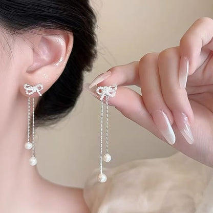 Faux Bowknot Pearl Earring Rhinestone Dangle