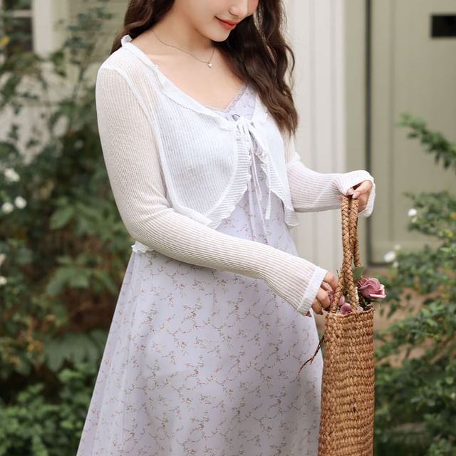 V-Neck Ruffle Trim Tie Front Plain Sheer Crop Cardigan