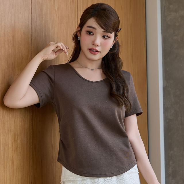 Short-Sleeve V-Neck Plain Glitter Ruched Tee