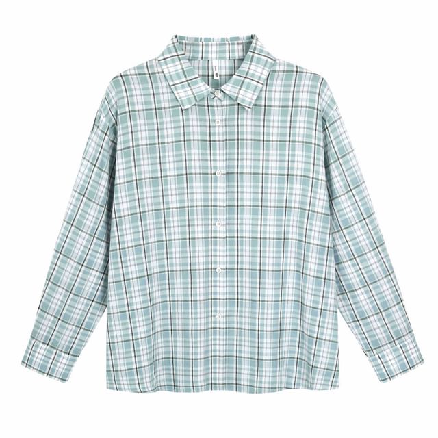 Long-Sleeve Plaid Button-Up Shirt / Scoop Neck Lettering Embroidered Midi Tank Dress