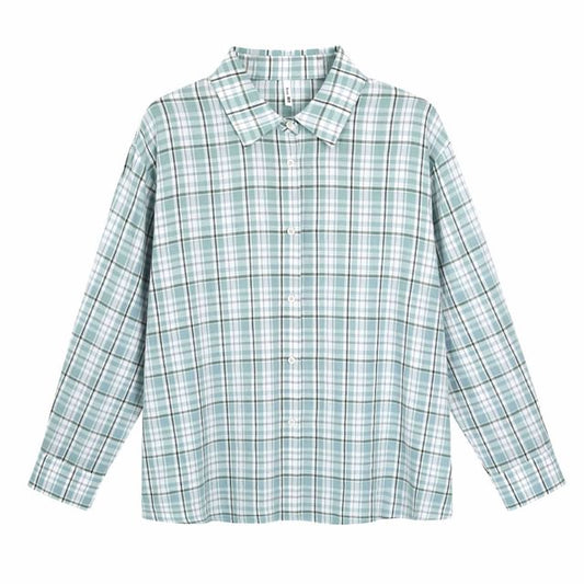 Long-Sleeve Plaid Button-Up Shirt / Scoop Neck Lettering Embroidered Midi Tank Dress