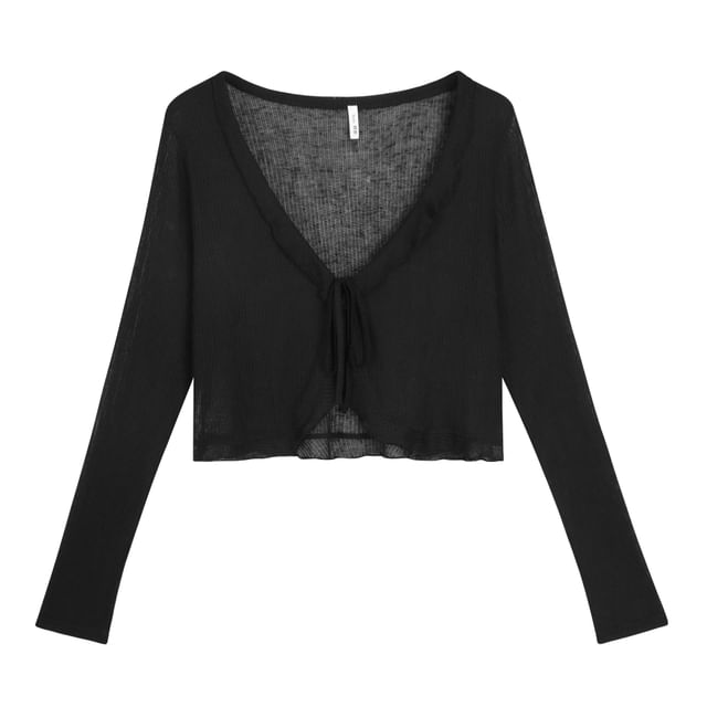 V-Neck Ruffle Trim Tie Front Plain Sheer Crop Cardigan