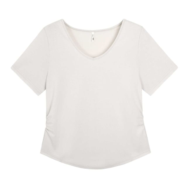 Short-Sleeve V-Neck Plain Glitter Ruched Tee