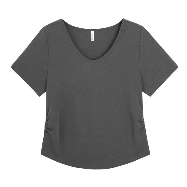 Short-Sleeve V-Neck Plain Glitter Ruched Tee