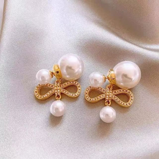 Drop Alloy Earring Pearl Bow Faux
