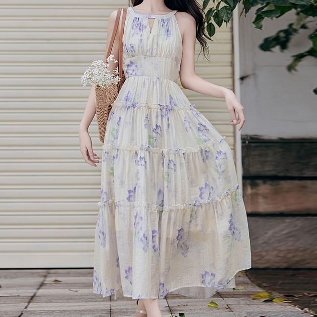 Halter Neck Floral Print Frill Trim Cutout Maxi A-Line Dress / Plain Fringed Light Jacket / Set