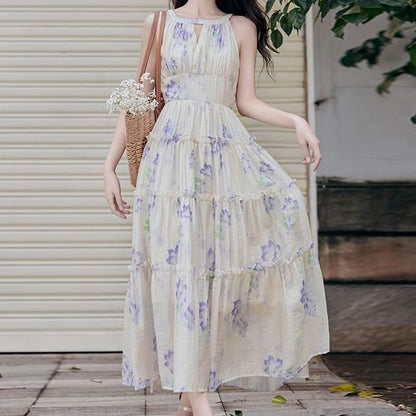 Halter Neck Floral Print Frill Trim Cutout Maxi A-Line Dress / Plain Fringed Light Jacket / Set