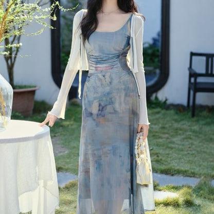 Spaghetti Strap Scoop Neck Tie Dye Ruched Mesh Maxi A-Line Dress / Plain Tie Front Crop Cardigan / Set