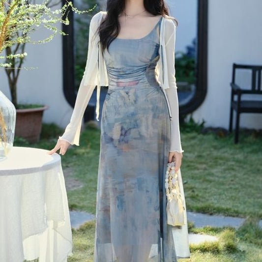 Spaghetti Strap Scoop Neck Tie Dye Ruched Mesh Maxi A-Line Dress / Plain Tie Front Crop Cardigan / Set