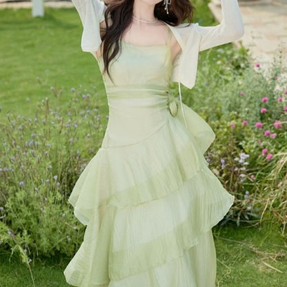 Spaghetti Strap Plain Asymmetrical Floral Accent Tiered Ruffle Maxi A-Line Dress / Crop Cardigan / Set