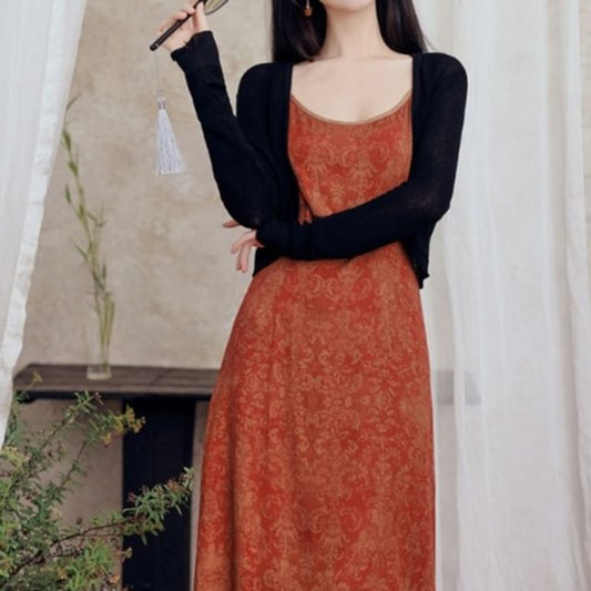 Spaghetti Strap Scoop Neck Patterned Slit Maxi A-Line Dress / Plain Crop Cardigan / Set