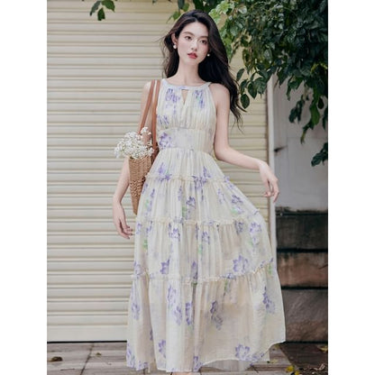 Halter Neck Floral Print Frill Trim Cutout Maxi A-Line Dress / Plain Fringed Light Jacket / Set