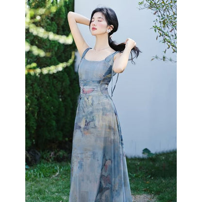 Spaghetti Strap Scoop Neck Tie Dye Ruched Mesh Maxi A-Line Dress / Plain Tie Front Crop Cardigan / Set