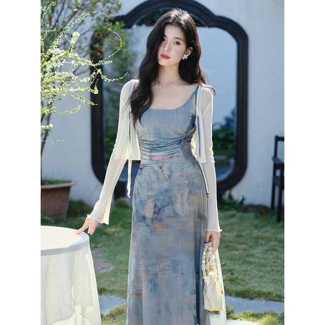 Spaghetti Strap Scoop Neck Tie Dye Ruched Mesh Maxi A-Line Dress / Plain Tie Front Crop Cardigan / Set