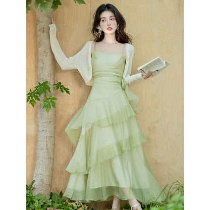 Spaghetti Strap Plain Asymmetrical Floral Accent Tiered Ruffle Maxi A-Line Dress / Crop Cardigan / Set