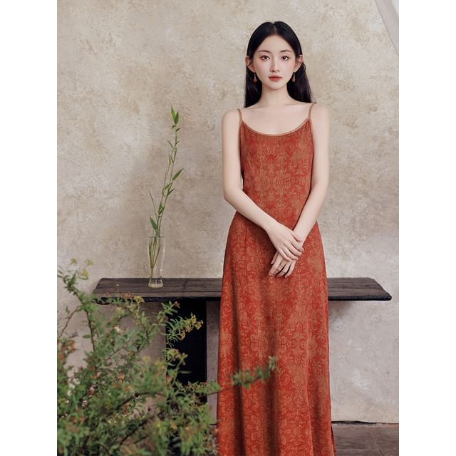 Spaghetti Strap Scoop Neck Patterned Slit Maxi A-Line Dress / Plain Crop Cardigan / Set