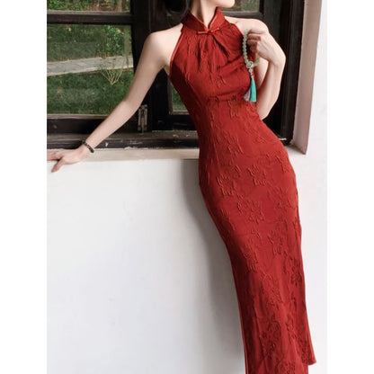 Halter Neck Stand Collar Floral Jacquard Slit Midi Sheath Qipao / Plain Perforated Fringed Shawl / Set