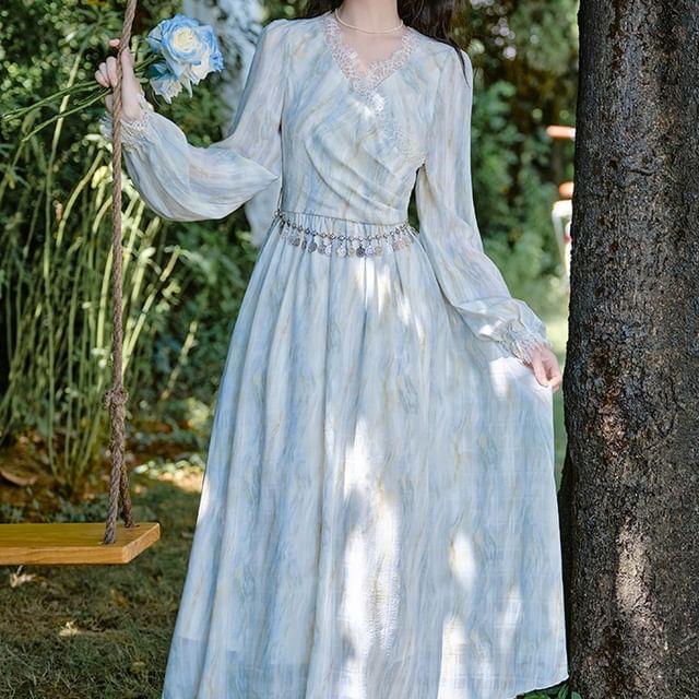 Long-Sleeve V-Neck Tie Dye Lace Trim Ruched Midi A-Line Dress / Waist Chain / Set