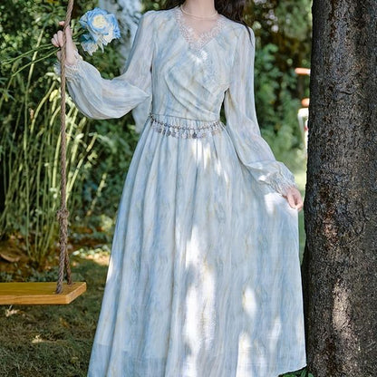 Long-Sleeve V-Neck Tie Dye Lace Trim Ruched Midi A-Line Dress / Waist Chain / Set